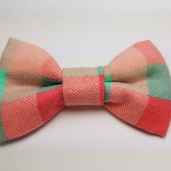 Small Dog Bow Tie, Cat Bow Tie - Coral & Mint plaid (narrow)