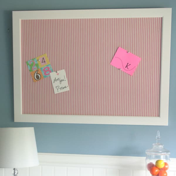 35x25 white plastic frame bulletin board with pink and white ticking fabric-memo board, message board, pin board, bulletin board