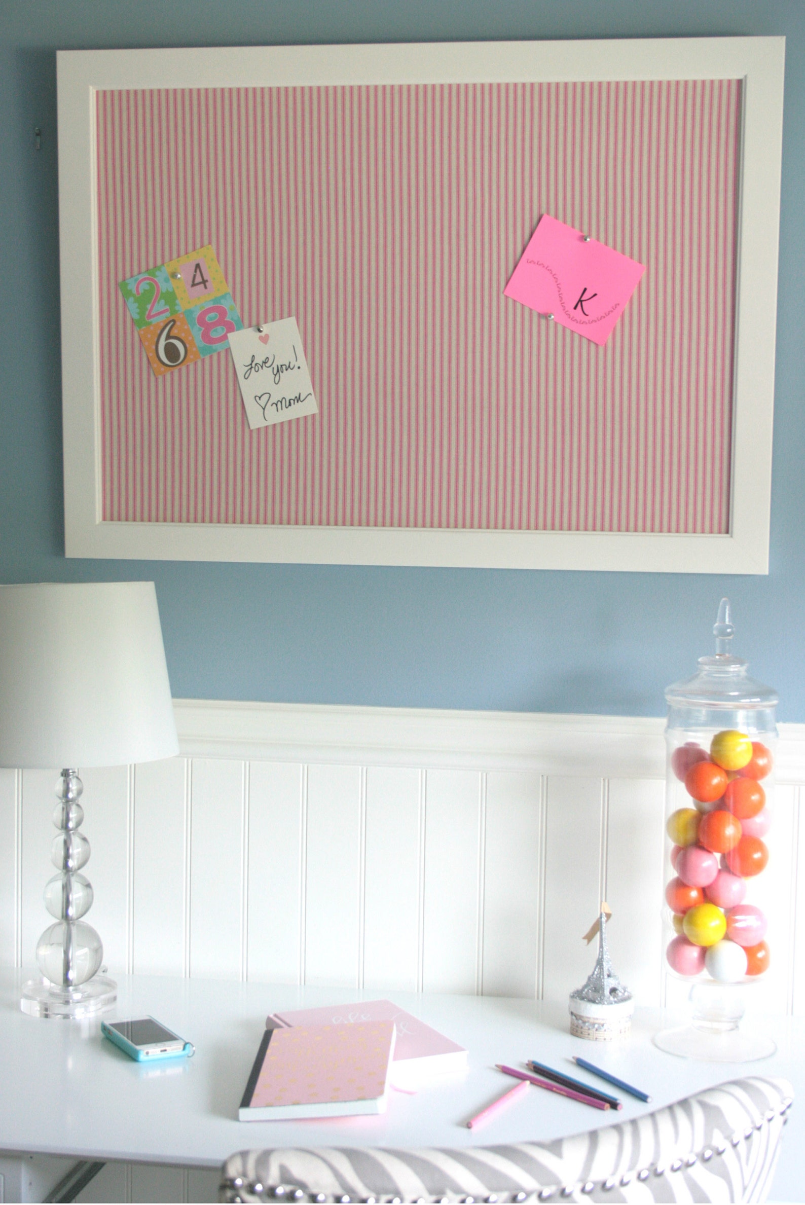 35x25 white frame bulletin board with pink and white ticking Etsy