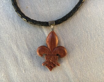 Walnut Fleur de lis Necklace on Black Braided Leather with Sterling Silver