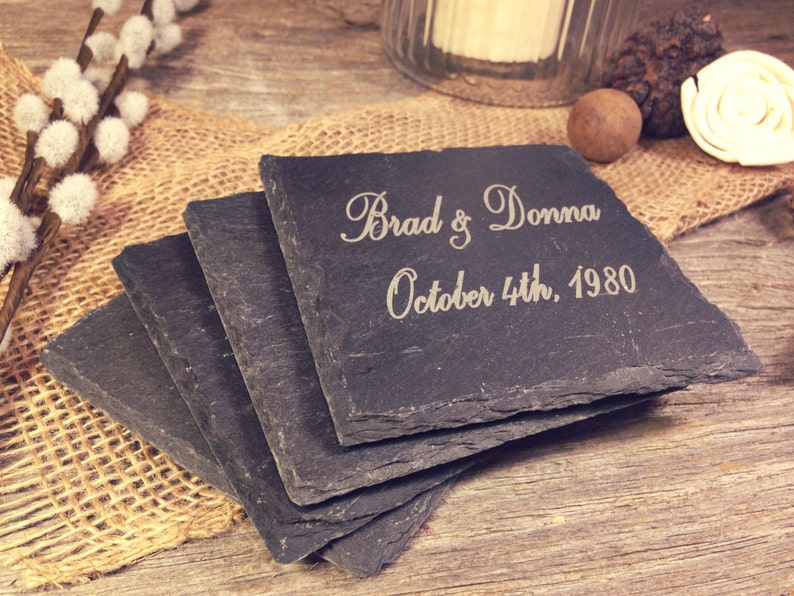 Slate Wedding Coasters W/names & Date Laser Etched Etsy