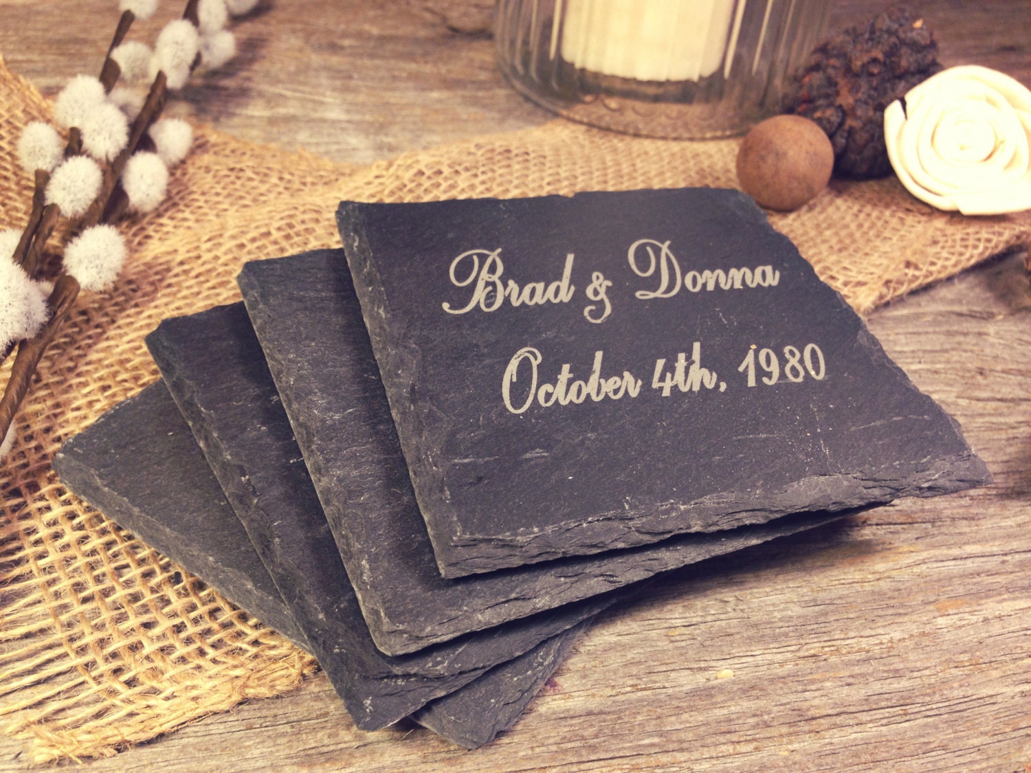 Slate Wedding Coasters W/names & Date Laser Etched Etsy Canada