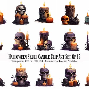 Halloween Candle and Skull Illustration Clipart Pack - 15 High Quality PNGs - Transparent Background - Digital Download - Commercial Use