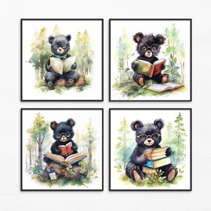 Watercolour Black Bear Cub Animal, Reading Bear, Cute Set of 4 Baby Girl Or Boy Nursery Wall Art Decor Black Bear Under Tree, Nature
