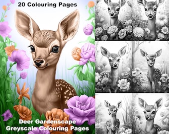 Wildlife Deer Coloring Pages for Adults, 20 Greyscale Printable Adult Coloring Book Pages, Gardenscape Digital Download PDF