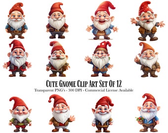 May include: Set of twelve digital illustrations of cute gnomes with red hats and white beards. The gnomes are wearing different outfits, including a blue shirt, a brown vest, and a red jacket.  "CUTE GNOME CLIP ART SET OF 12" and "Transparent PNG's - 300 DPI - Commercial License Available" are written below the gnomes.