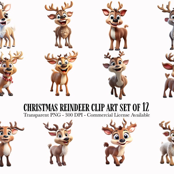 Christmas Reindeer Clip Art Collection - 12 Transparent PNGs with Cute Christmas Reindeer Illustrations - Digital Download - Commercial Use