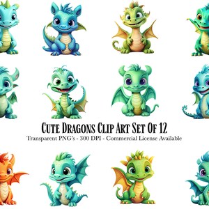 Cute Cartoon Dragon Clip Art - 12 Transparent PNGs with Cute Cartoon Baby Dragon Illustrations - Digital Download - Commercial Use