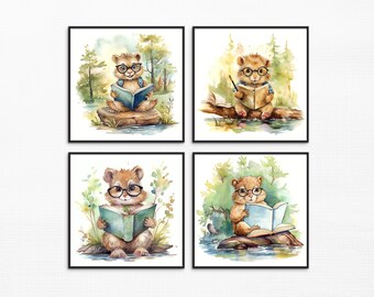 Watercolour Beaver Animal, Reading Beaver, Cute Set of 4 Baby Girl Or Boy Nursery Wall Art Decor Beaver Under Tree, Nature