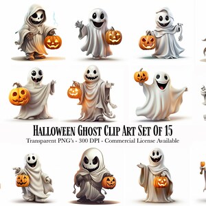 Spooky Halloween Ghost Clip Art Collection -  Whimsical Halloween Ghost - 15 Premium PNGs for Commercial Use