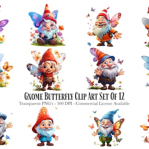 ClipArt di Gnomo farfalla simpatico cartone animato - 12 PNG trasparenti con illustrazioni di Gnomo simpatico cartone animato - Download digitale - Uso commerciale