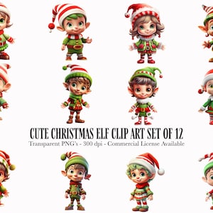 Christmas Elf Clip Art Collection - 12 Transparent PNGs with Cute Cartoon Christmas Elf Illustrations - Digital Download - Commercial Use