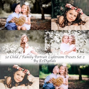 Może przedstawiać: Kolaż czterech zdjęć przedstawiających dzieci w różnych pozach. Zdjęcia zostały wykonane w naturalnym otoczeniu na zewnątrz, z zielenią i kwiatami. Zdjęcia służą do promowania zestawu 50 presetów Lightroom do portretów dziecięcych i rodzinnych.