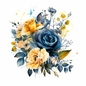 Watercolour Flower Illustration Printable - Floral Printables - Blue and Orange - 8 High Quality Files - Digital Download - Commercial Use