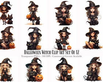 Halloween Witch Illustration Clipart - 12 High Quality PNGs - Transparent Background - Digital Download - Commercial Use