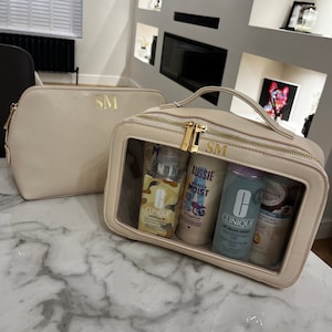 Personalised Travel Vanity Case, Clear cosmetic bag with small monogram, custom makeup bag, clear wash travel bag, gift for bridesmaid