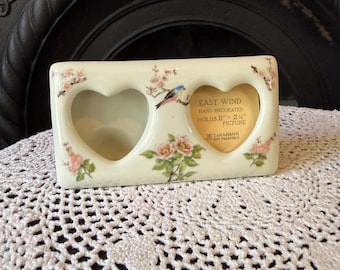 Vintage Takahashi Porcelain Double Heart Picture Frame Flowers Birds