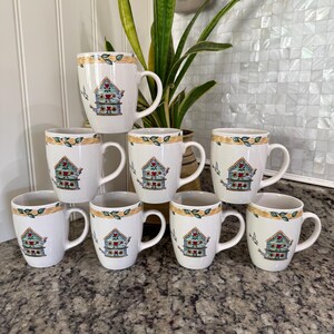 Vtg Thomson Pottery Birdhouse Coffee Cups Mugs Set of 8 Birds