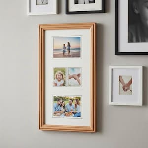 May include: A rectangular collage picture frame with a light wood finish and a white mat board. The frame holds four distinct photographs: one horizontal beach scene, two vertical portraits, and one horizontal group photo of four people.