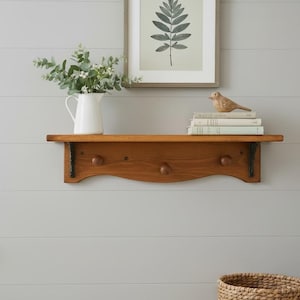 Vtg Wooden Wall Shelf with Knobs and Floral Metal Brackets 22” Country Cottage Farmhouse