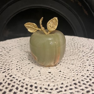 Green Brown Onyx Apple Paperweight Carved Polished Solid Marble Natural Stone