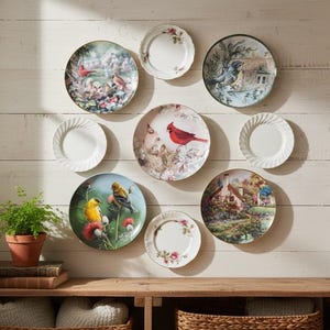 May include: A collection of nine circular decorative plates arranged on a wall. The display includes four plates featuring colorful bird and landscape illustrations, interspersed with five plain white plates with scalloped or embossed edges.