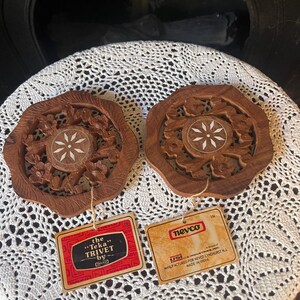 2 Vintage Inlaid Carved Wooden Trivets Made in India - New Old Stock With Tags!