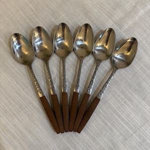 MCM Interpur Flatware INR2 Oval 6 Dinner Spoons Faux Wood Canoe Muffin Japan Vtg