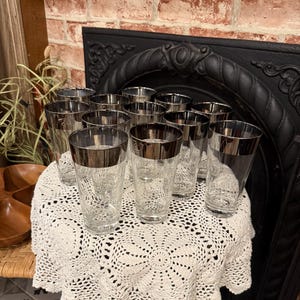 Dorothy Thorpe Mercury Silver Band Glass Tumbler High Ball Set of 12 Vintage MCM