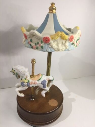 Ceramic Carousel Horse Music Box With Wooden Base Carousel Waltz Moving ...