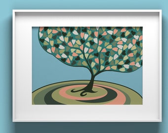 Heart tree print, A3 A4 A5 A6 Spring pastel floral print, Pink green blue white art work