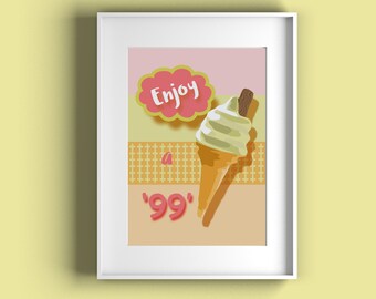 Enjoy a 99 ice cream art print, Ice lolly poster, summer print, coastal beach wall decor, lake house wall decor, retro seaside print graphic