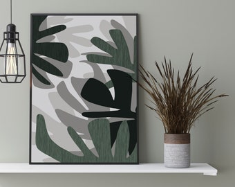 Dark green wall art with white background, Tropical leaf wall art print in green grey white