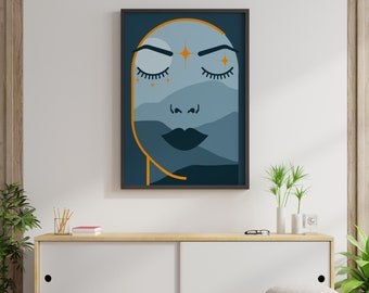 Limited edition art for living room, Blue kitchen artwork prints, Female face line art, Room decor prints portrait, Simple colorful abstract