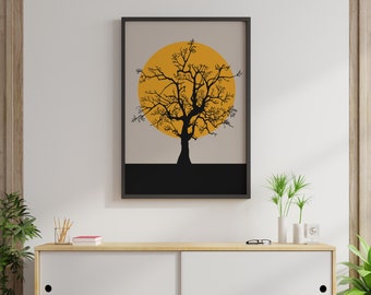 Sunset tree wall art for over bed, A3 giclee print, sunrise tree print