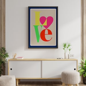 Love Typography print, neon pop art, Love word art cotton anniversary gift for her, teen girl room decor image 1