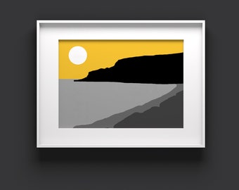 Beach scene print, Sea landscape print, Grey and yellow abstract art, Modern landscape sun print, light grey wall art, bright colour art,