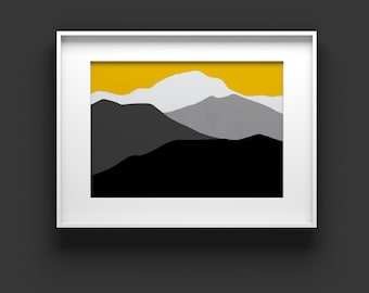 Minimal yellow mountain art, Yellow and grey abstract art, Mountain abstract print, peaceful landscape print, zen art gift, wall decore,