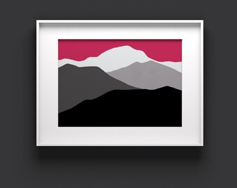 Magenta mountain wall art for bedroom, living room wall art, mountain minimal wall art, Pink black abstract art, Peaceful landscape print,