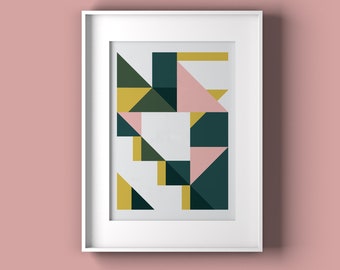 Abstract wall decal. geometric art work, pink green wall print, green art work, geometric art triangles