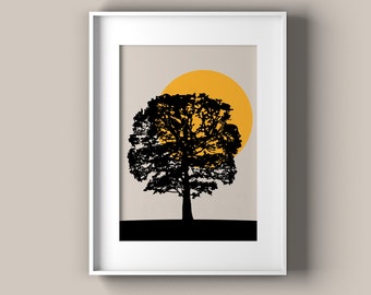 Oak tree print art for over bed, Silhouette tree print, Art for a guest room,