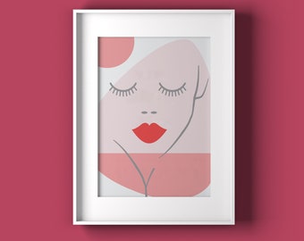 Portrait line drawing, Female face art print, Simple feminine wall decor, pastel pink picture, art print for living room, art for girls room