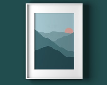 Mountain abstract print, Minimal landscape print, Blue coral art print, Scandinavian mountain print