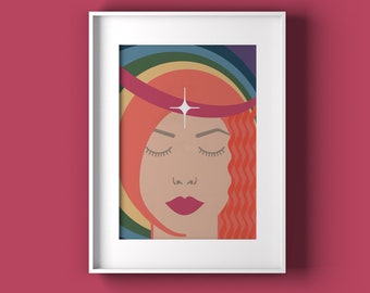 Rainbow goddess print, feminist art print, colorful wall boho aesthetic, 21st Birthday gift for her