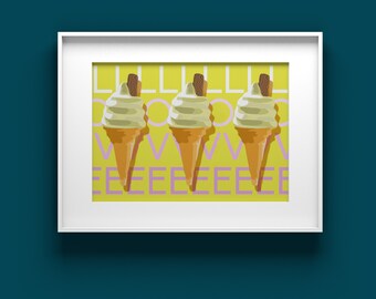 Ice Cream Party decor, Pastel prints for kitchen, bright kitsch decor, food gift, kitchen disco print, yellow wall art, ice lolly decoration