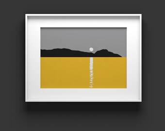 Grey and yellow abstract sunset art, Lake sunset wall art, Sunset seascape art, Minimal yellow art, Therapist wall decor, Print collection