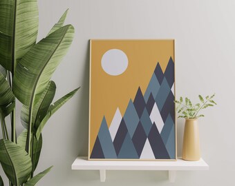 Scandinavian mountain print for nursery, Nordic landscape print, Blue White Mustard art print