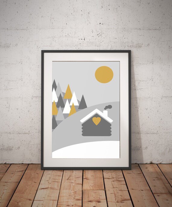 Mid Century Modern Art Print Grey And Yellow Wall Cosy Prints House Warming Gift For Kids Room Nordic Hall