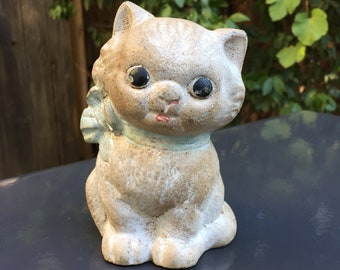 Vintage Hubley Cast Iron Still Bank Cat With Baby Blue Bow-Circa 1930s-1940s-Made In The USA!