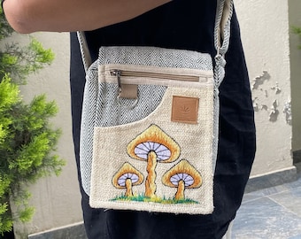 Hemp Crossbody Bag, Mushroom Embroidered Hippie Passport Bag